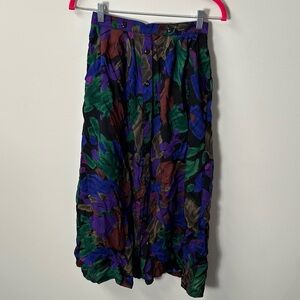 VINTAGE 80s women's black vibrant multi coloured botanical print rayon skirt, S.